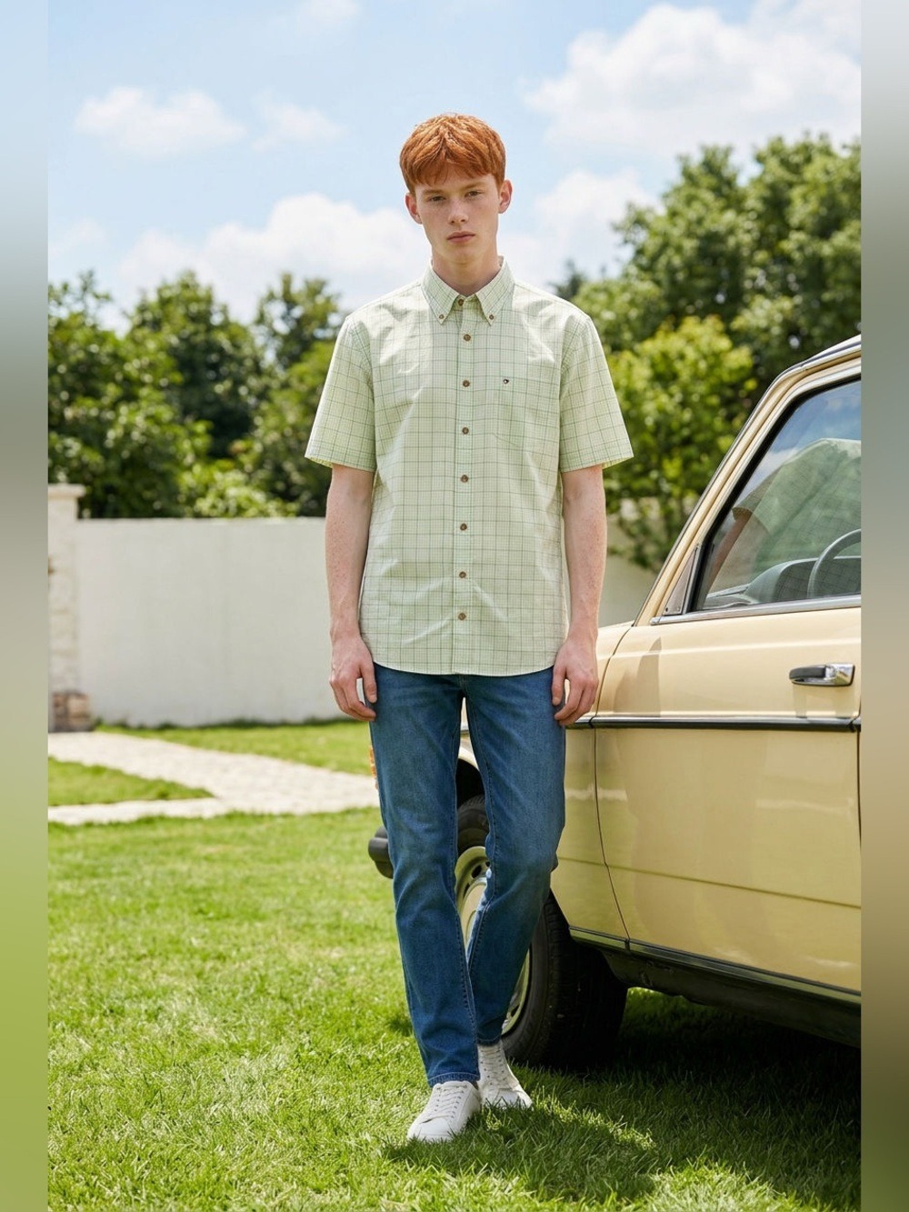 Tommy Hilfiger Men's XL Green White Plaid Gingham Button Down Shirt NWOT
